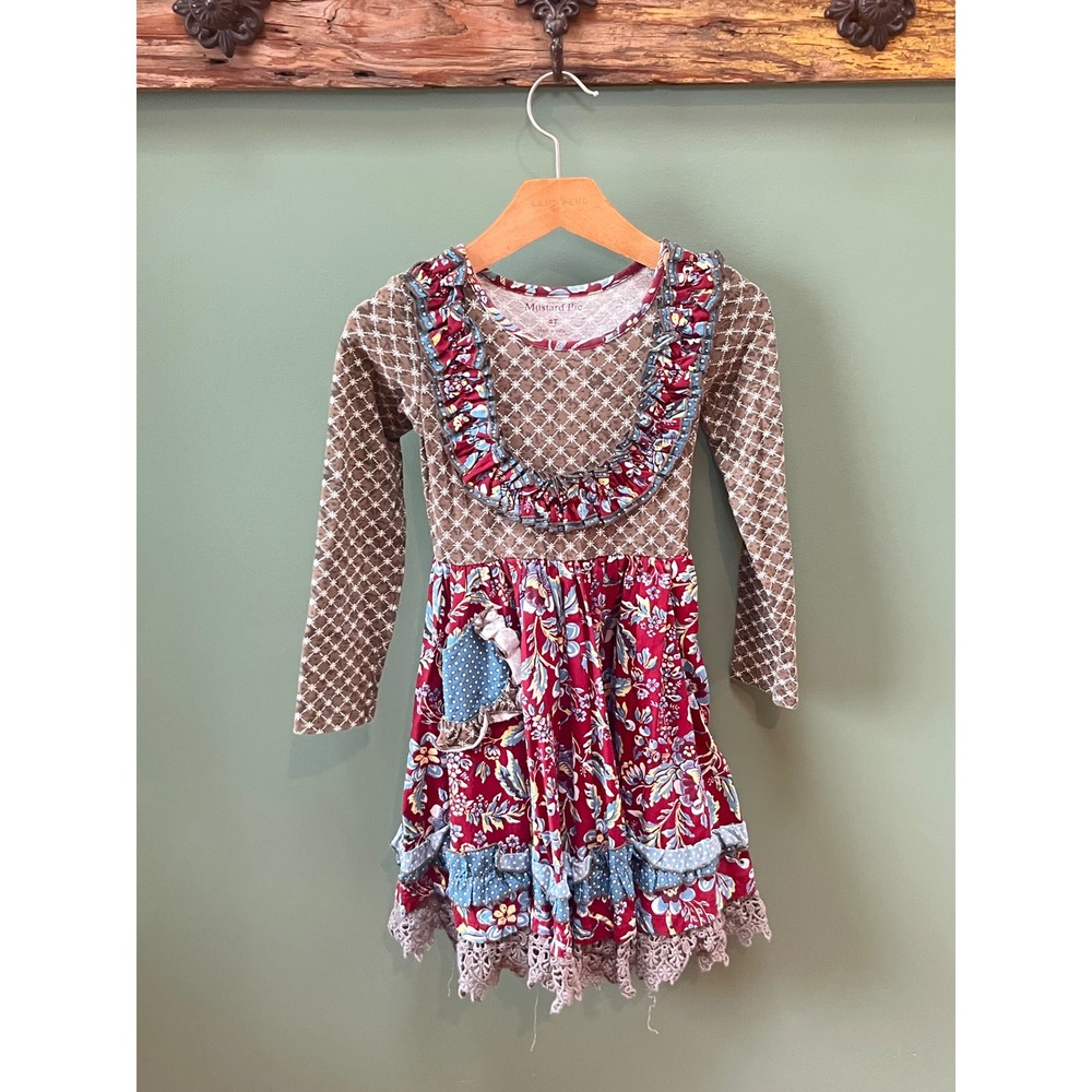 Mustard Pie Girls 4T Long‎ Sleeve Mixed Print Floral Ruffle Lace Hem Dress Brown